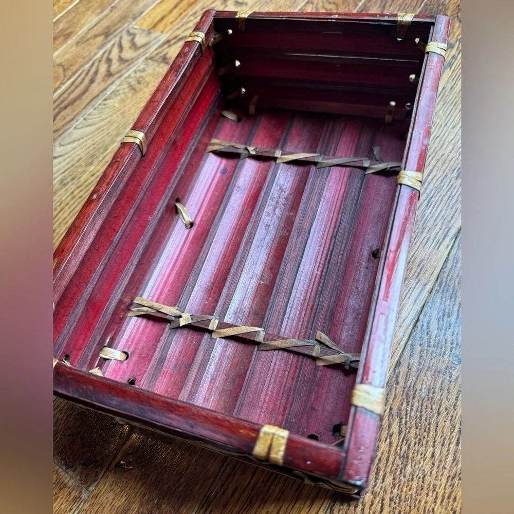 Red Tortoise Shell Bamboo Storage Box Vintage Home Decor Handmade Hand Crate